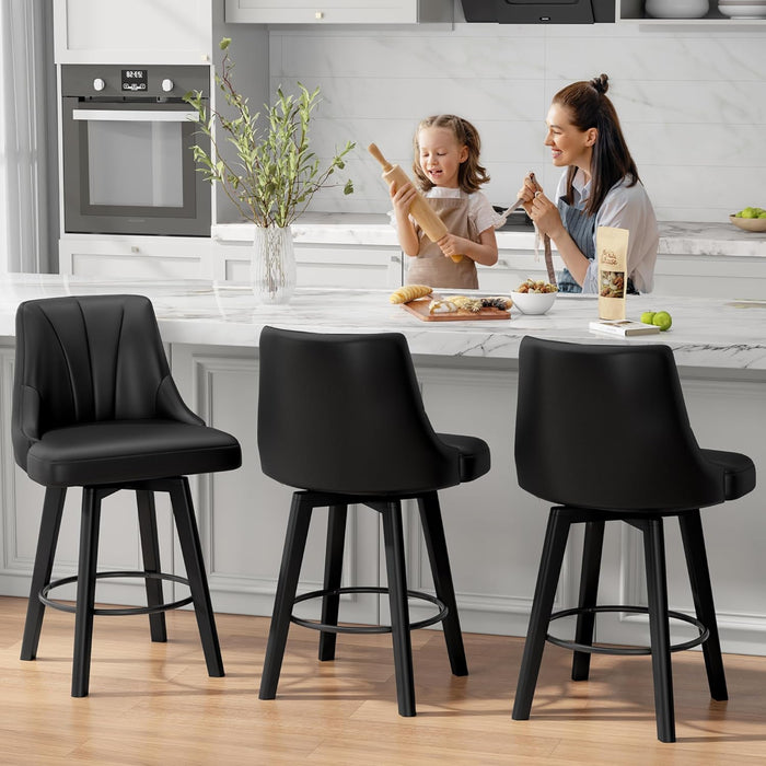 Counter Height Swivel Bar Stool, 24" Upholstered PU Leather Barstools Set of 4, Counter Stool Chair with Back & Solid Wood Legs for Kitchen Island Dining Room (Black)
