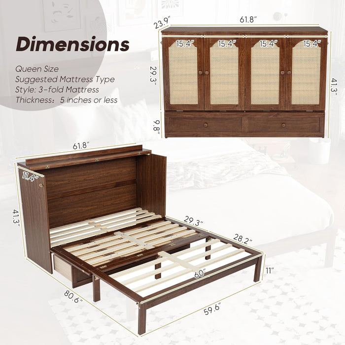 Queen Murphy Bed Chest with Charging Station & Large Drawers, Wooden Cube Cabinet Bed with Foldable Bedframe for Apartment Living Room Bedroom(Mattress Not Included) Walnut