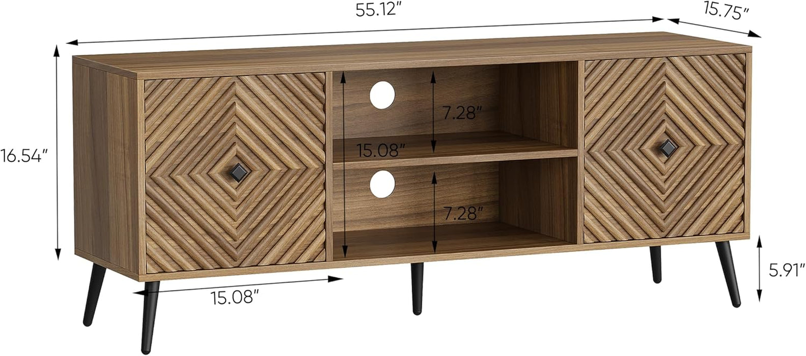 Walnut TV Stand with Fluted Diamond Doors, 55.12" Mid Century Modern TV Media Console for Tvs up to 65", TV Cabinet with Adjustable Shelf & 2 Cabinets for Living Room
