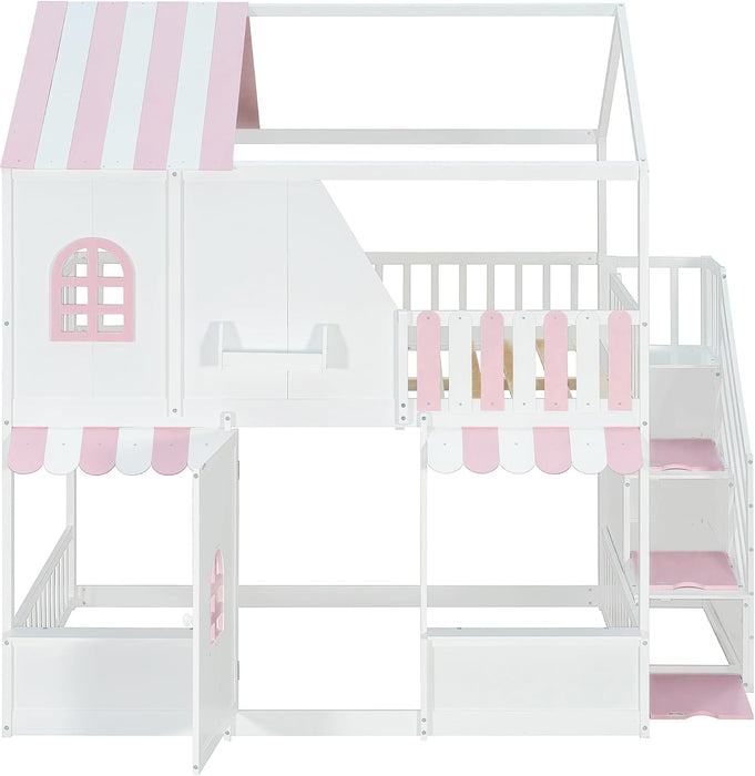 Full Over Full Bunk Bed White IntegratedStorageStaircase