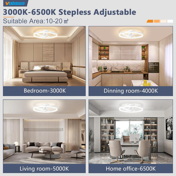 Low Profile Ceiling Fan with Lights and Remote, 15.7In Bladeless Ceiling Fans with Light Flush Mount, 3000K-6500K Dimmable Modern LED Fan Light, White Fandelier Ceiling Fans for Bedroom