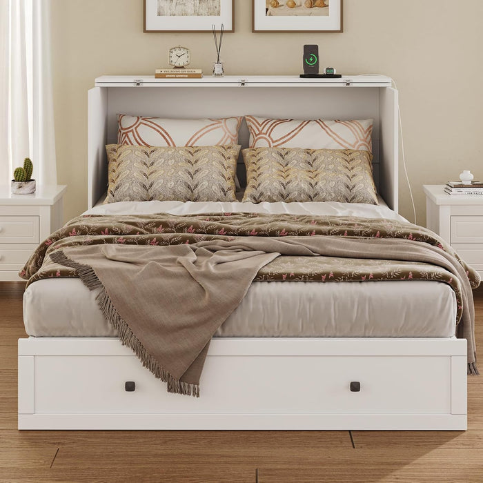 Full Size Murphy Bed with Charging Station - Wall Mounted Hideaway Cabinet Bed, Foldable Panel & Large Storage Drawer for Home Office,Small Room,Guest Bedroom,Living Room, White