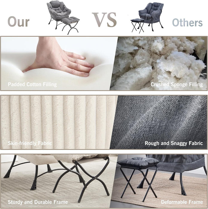 Lazy Chair with Ottoman Bedroom Chairs for Adults Modern Lounge Accent Chair with Armrests, Ergonomic Footrest for Small Spaces, Comfy Reading Chair for Living Room, Bedroom, Office White