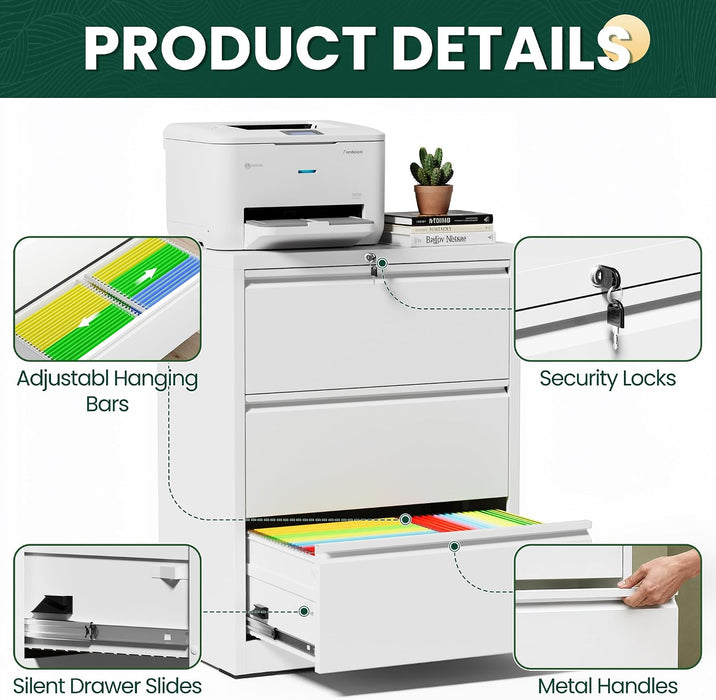 3 Drawer File Cabinet with Lock, Lateral Filing Cabinets,Metal Storage Filing Cabinets for Home Office, Heavy Duty File Cabinet for Letter/Legal/A4/F4 Size Amsseble Required, White