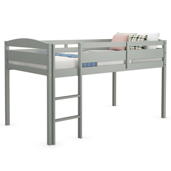 Wooden Twin Low Loft Bunk Bed with Guard Rail and Ladder