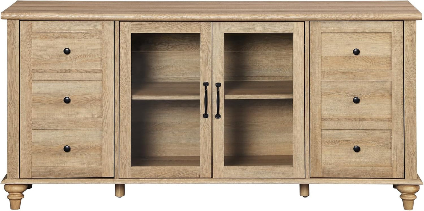 Farmhouse Buffet Cabinet with Glass Door, Wooden Sideboard, Oak, 58” | Wood Kitchen Storage Cabinet with Adjustable Shelf, Coffee Bar Table with Solid Wood Leg, Accent Cabinet for Dining Room