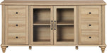 Farmhouse Buffet Cabinet with Glass Door, Wooden Sideboard, Oak, 58” | Wood Kitchen Storage Cabinet with Adjustable Shelf, Coffee Bar Table with Solid Wood Leg, Accent Cabinet for Dining Room