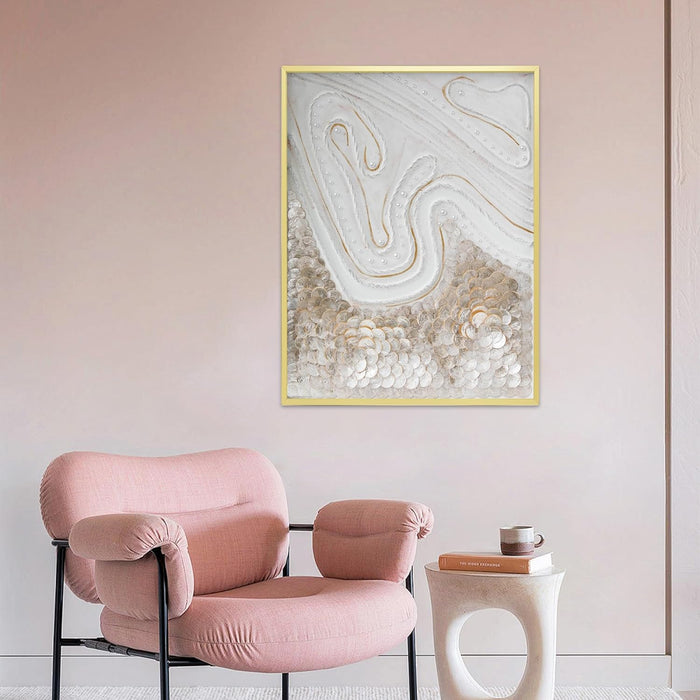 Modern Abstract Hand Painting with Natural Capiz Shell Wall Framed Ocean Artwork,Shell Shadow Box Wall Art，Art Painting - Handmade Collage of Natural Golden Shell, Bedroom Decor Framed Abstractartwork for , 23.6×31.5 Inch