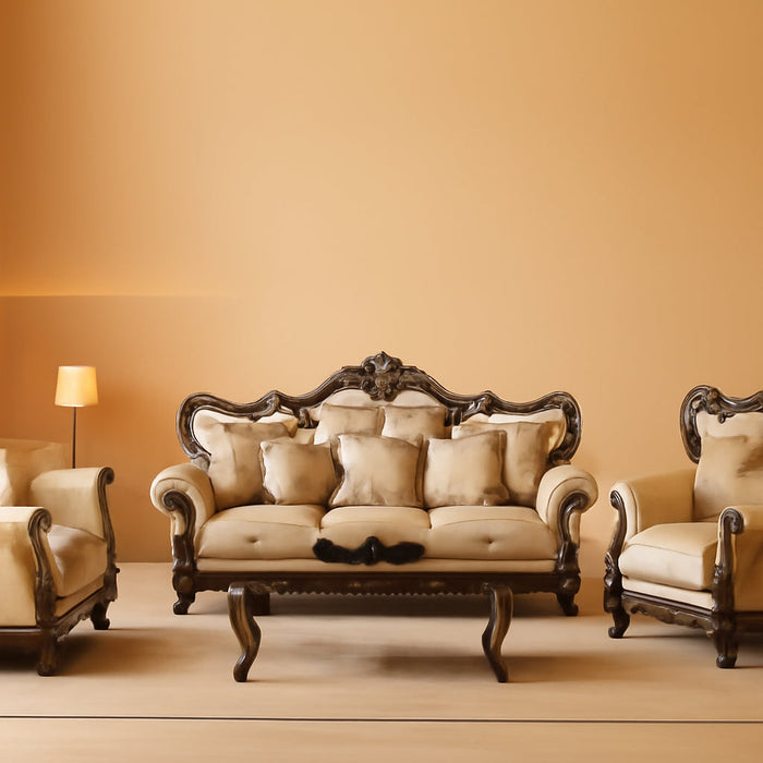 4-Piece Living Room Set Include Sofa W/ 7 Pillows, Loveseat W/ 5 Pillows, Chair W/ 2 Pillows and Coffee Table, Formal Furniture Set (Tan&Antique Oak), 52110+52111+52112+82110