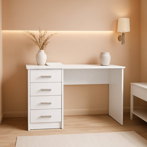 4-Drawer Desk, Modern White Office Writing Desk with Storage, Compact and Functional Desk for Home or Office