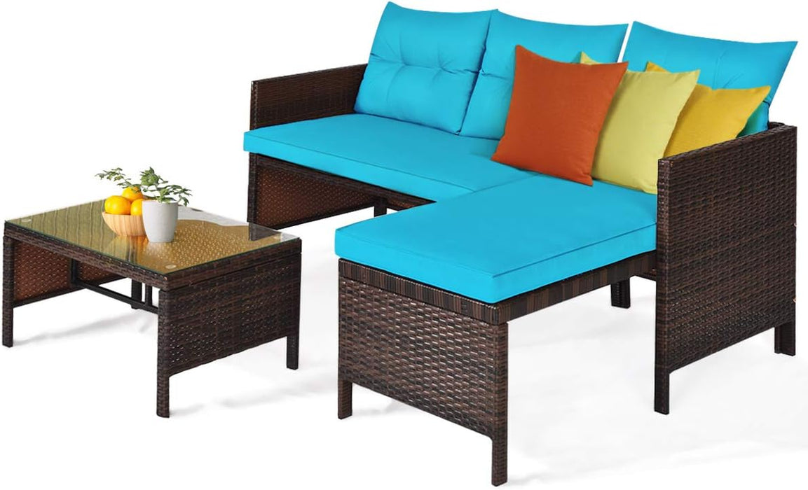 Patio Corner Sofa Set 3 Piece, Outdoor Rattan Sofa Set, Includes Lounge Chaise, Loveseat & Coffee Table, Patio Garden Poolside Lawn Backyard Furniture