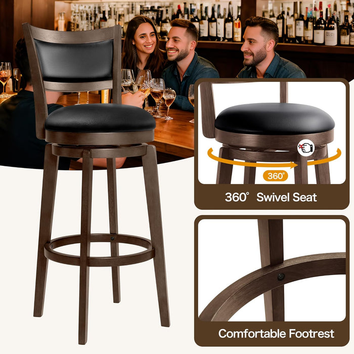 32" Tall Bar Height Stools Set of 4 - High Back Swivel Barstools with Black Faux Leather Upholstered Seat & Solid Wood Footrest, Counter Bar Stool for Kitchen Island & Pub