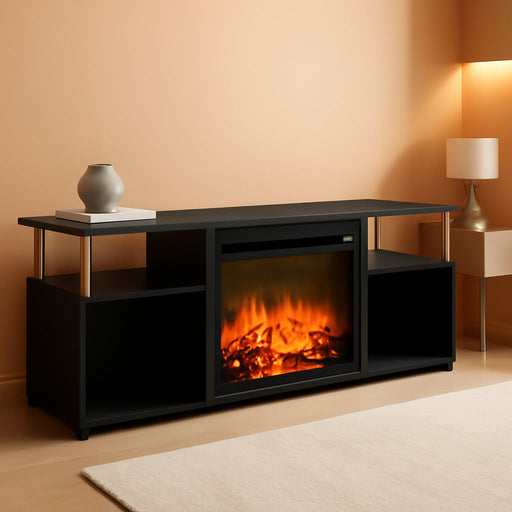 Jensen Open Storage Fireplace Entertainment Center for TV up to 70 Inch with Stainless Steel Tubes, Americano/Chrome