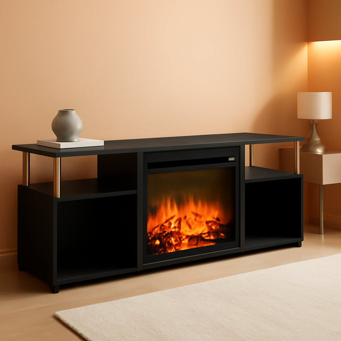 Jensen Open Storage Fireplace Entertainment Center for TV up to 70 Inch with Stainless Steel Tubes, Americano/Chrome