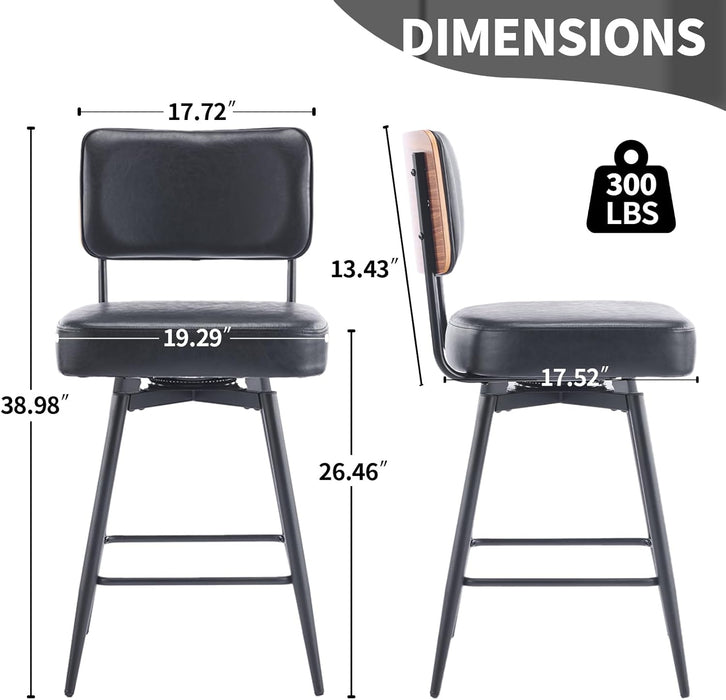 26" Swivel Bar Stools Set of 2, Upholstered PU Leather Barstools with Wood Backs and Metal Legs, Counter Height Barstool for Kitchen Island & Outdoor Bar Stools, Black