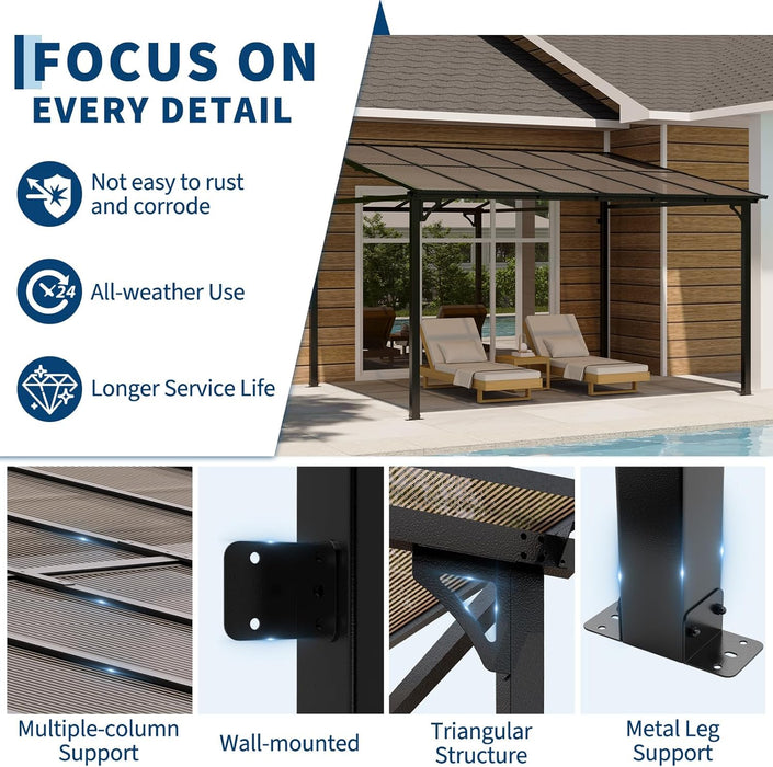 10X12Ft Lean to Gazebo with Polycarbonate Hardtop Roof - Hardtop Wall Pergola, Aluminum Frame Wall Mounted Gazebo for Patio, Deck, Yard, Garden & Party Shade