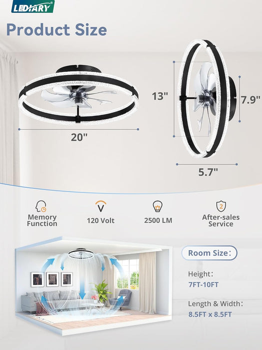 Ceiling Fans with Lights and Remote, 20'' Low Profile Ceiling Fan with Light, 3000-6000K Dimmable Fandelier Ceiling Fans, Modern Flush Mount Fan Light for Bedroom with 6 Wind Speeds- Black