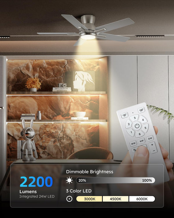 42 Inch Brushed Nickel Flush Mount Ceiling Fans with Lights and Remote, Low Profile Nickel Ceiling Fans for Bedroom Living Room Patio Porch, Quiet 6 Speed Reversible DC Motor, 3CCT, Dimmable