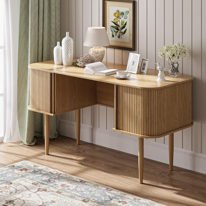 55" Modern Writing Desk with Storage, Wood Home Office Desk with Sliding Doors, Computer Desk for Home Office, Dorm, Living Room, Home Study Table, Natural