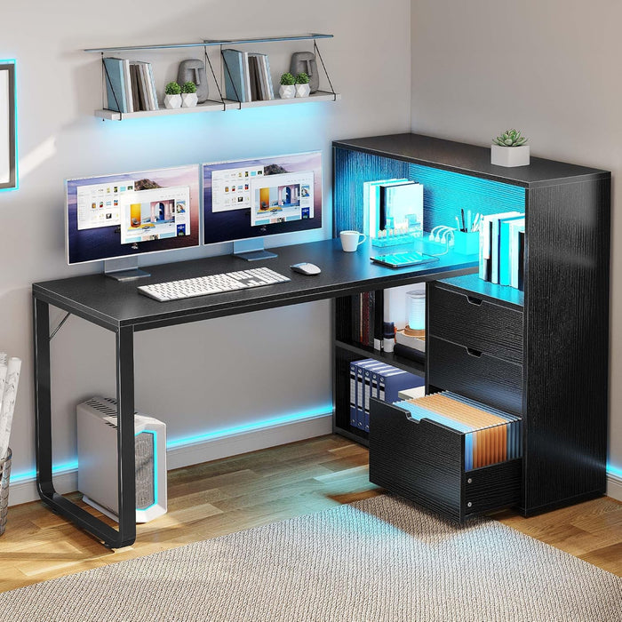 L Shaped Desk with Power Outlets & LED Lights & File Cabinet, 55" Corner Computer Desk with 3 Drawers & 3 Storage Shelves, Home Office Desk with Bookshelf, Black