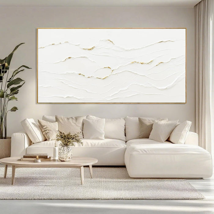 Large Wavy Line White Abstract Wall Art with Frame Minimalist Modern Hand Drawn Painting Textured Poster for Living Room Dining Room Bedroom Decor 29"X58"