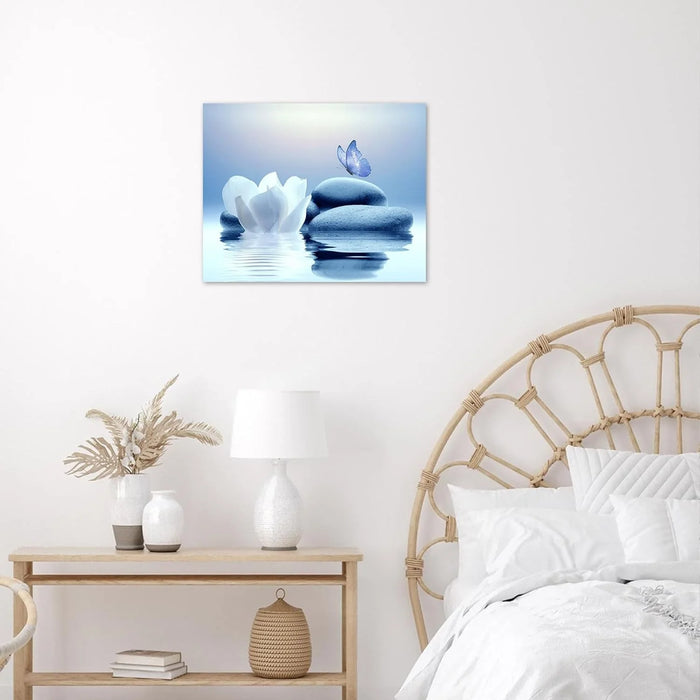 Zen Stone Canvas Wall Art White Flower and Blue Butterfly on Lake Wall Art for Bathroom Living Room Bedroom Modern Spiritual Yoga Spa Picture Wall Decor Framed Bedroom Wall Art,16X12 Inches