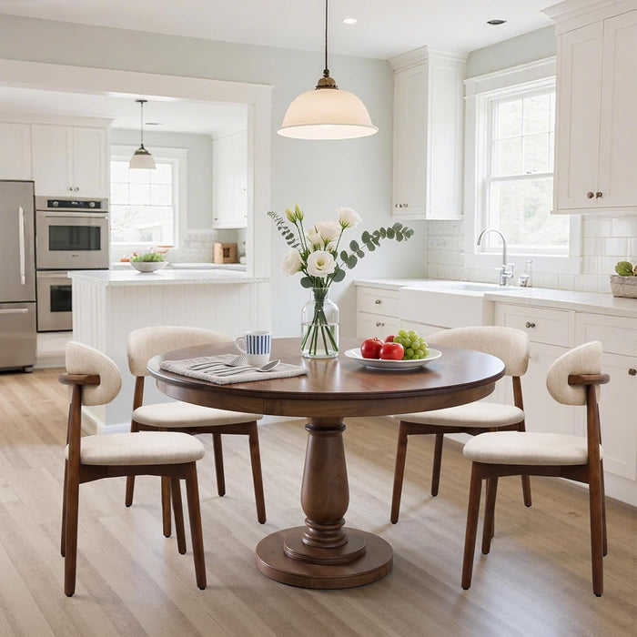 Farmhouse Dining Chairs Set of 4, Mid Century Modern Fabric Upholstered Kitchen Chairs, Wooden Dining Room Chair with Curved Back for Kitchen Dining Room Restaurant Cafe, Light Camel (Only Chairs)