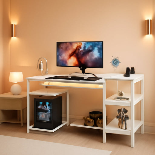 47 Inch Reversible L Shaped Desk with LED Lights & Power Outlets, Computer Desk with Shelves & Monitor Stand, Gaming Desk with Drawer, Home Office Desk Corner Desk, PU White Drawer
