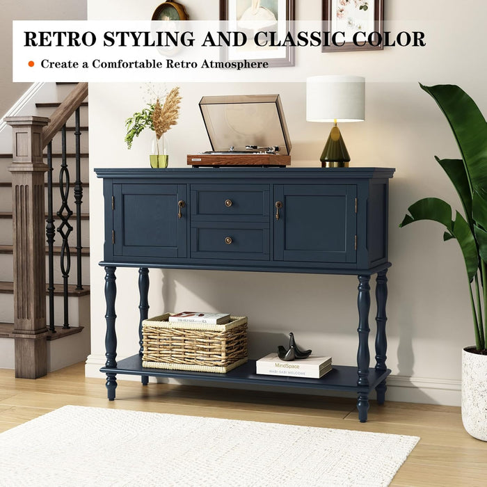 Console Table with 2 Drawers, Retro Entryway Table with 2 Door Cabinets and Open Storage Shelf, Narrow Long behind Couch Sofa Table for Living Room, Foyer, Hallway, Blue