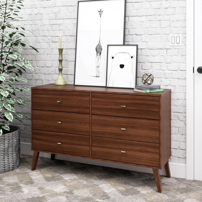 Cherry 52-Inch Wide-Profile Mid-Century Six-Drawer Dresser