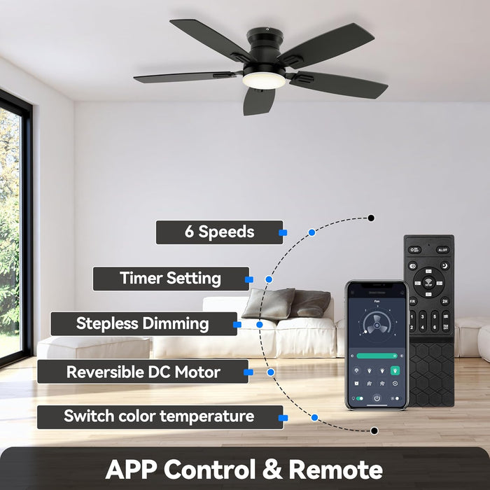 42" Ceiling Fans with Lights and Remote/App Control, Low Profile Ceiling Fan with Light, Reversible, Quiet 6 Speeds, Stepless Dimmable, Flush Mount Ceiling Fan for Bedroom Indoor/Outdoor Use