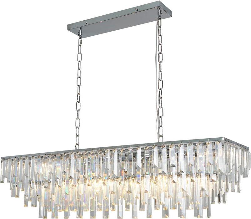 39" Modern Rectangle Crystal Chandelier, Chrome Linear Pendant Light with Clear Crystal Prisms, Luxury Island Lighting Fixture for Dining Room Kitchen Table Living Room