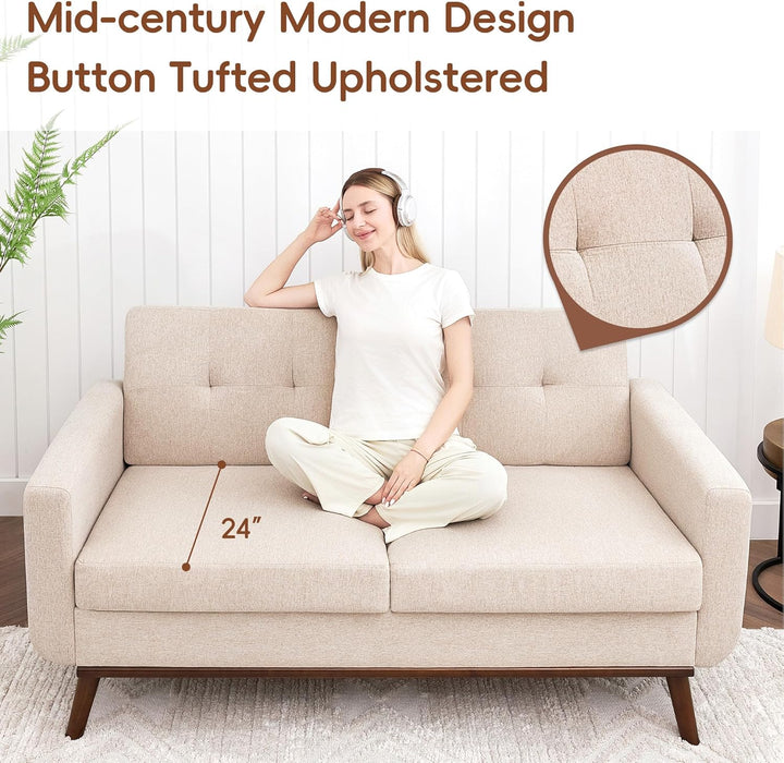 Oatmeal Mid-Century Loveseat: Button-Tufted, Modern Style