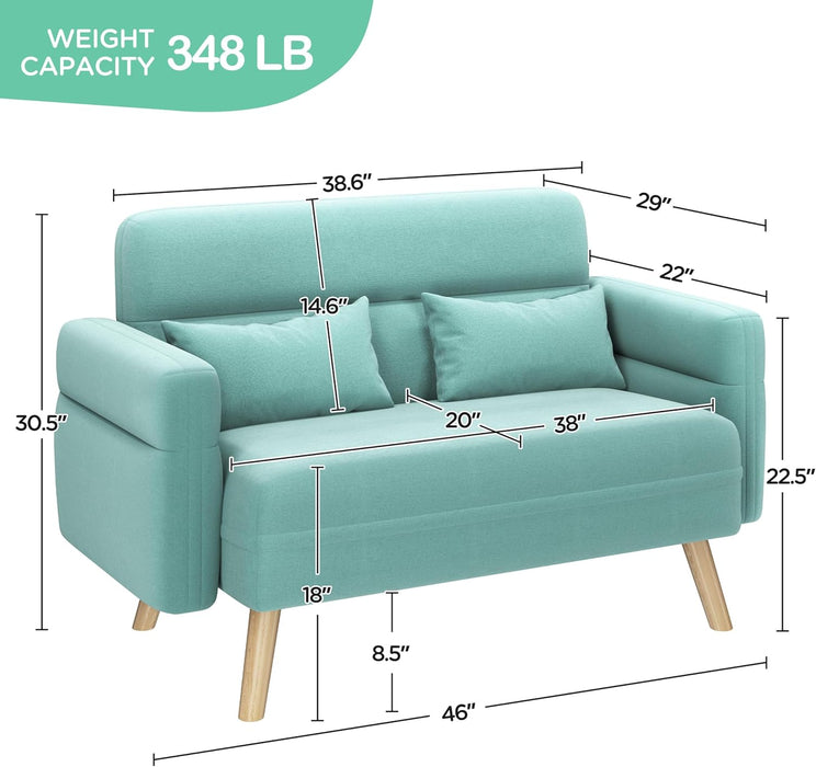 46" Small Modern Fabric Sofa Loveseat Mid Century 2 Seater Sofa Couch with Lumbar Pillows, Solid Wood Legs for Living Room, Small Space, Dorm, Office, Bedroom, Aquamarine