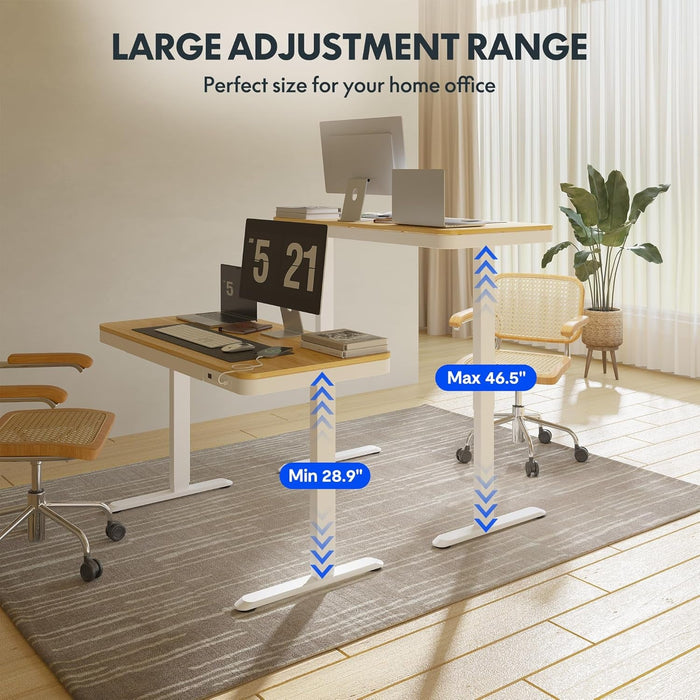 Comhar Electric Standing Desk with Drawers Charging USB Port, Height Adjustable 48" Whole-Piece Quick Install Home Office Computer Laptop Table with Storage (Maple Top + White Frame)