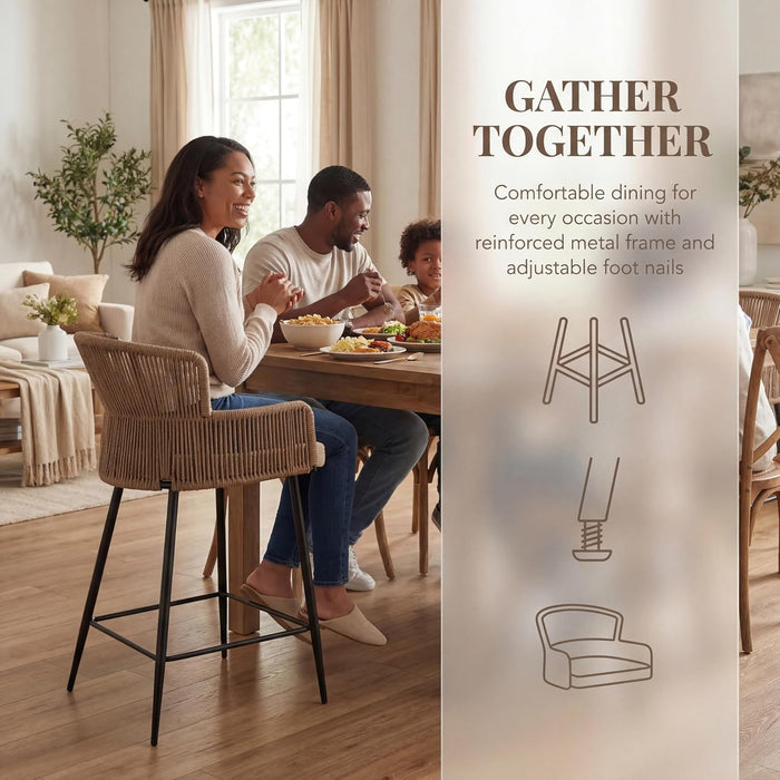 Farmhouse Woven Bar Stools Set of 3, 26 Inch Linen Upholstered Rattan Barstools with Curved Backs, Modern Cane Counter Height Bar Chairs with Metal Legs and Armrest for Kitchen Island, Beige