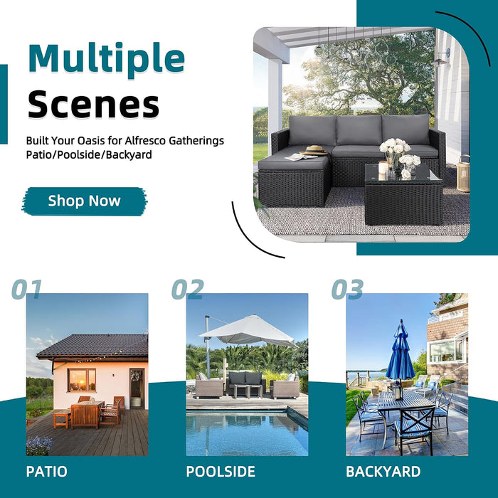 Patio Furniture Set with Detachable Soft Cushions, Outdoor PE Rattan Patio Conversation Sofa Set, 3-Piece Patio Sectional Sofa with Glass Coffee Table (Black Rattan&Charcoal)