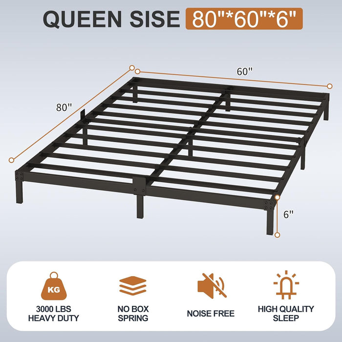 6 Inch Bed Frame Queen Size Low Profile, Metal Platform Low Bed Frame, Heavy Duty Support Low Profile Bed Frame, No Box Spring Needed, Noise Free, Easy Assembly, Prevent Mattress from Sliding