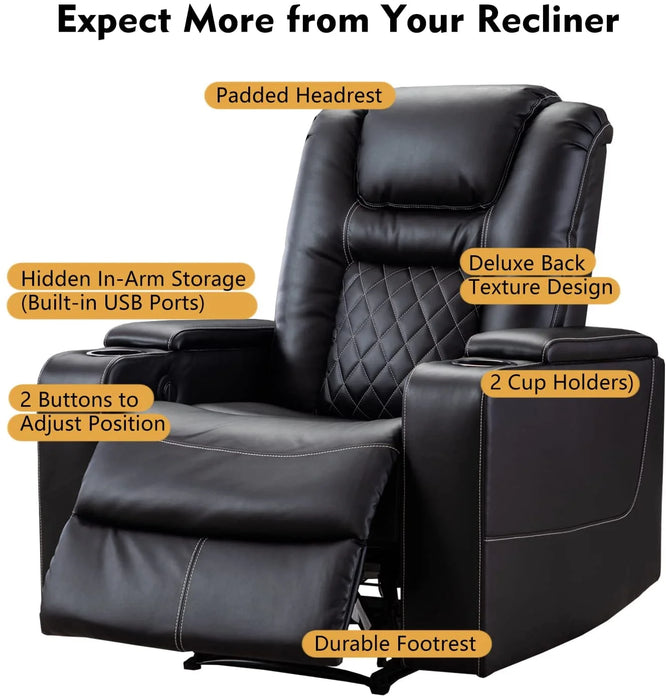 Power Electric Recliner Chair with USB Ports and Cup Holders Leather Home Theater Seating, Living Room Chair Black