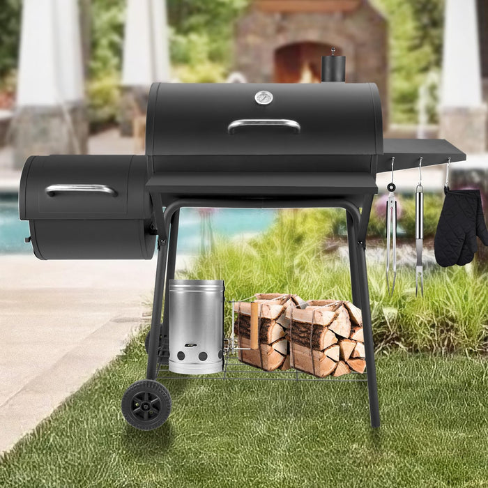 Barrel Charcoal Grill with Offset Smoker, 714 Square Inches Cooking Area, Outdoor BBQ Grill with Front and Side Shelf, Perfect for Backyard, Patio Parties and Picnics