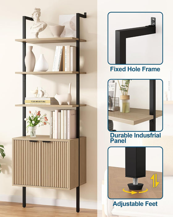 73" Tall Bookshelf with Cabinet, Industrial Ladder Wall Mount Shelf Bookcase with Wood and Metal Frame, Plant Shelf Wall Storage Display for Living Room Bedroom, Wavy Light Ivory