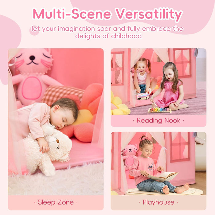 Large Kids Tent Playhouse Basic Mat with Star Lights, Flags and Tote Bags, Play Tent Indoor & Outdoor, Washable Teepee Tent for Boys & Girls, Kids Play House for Toddler（Pink）