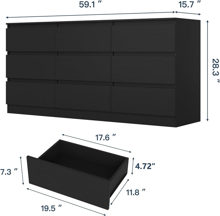 Black 9 Drawer Dresser for Bedroom, Long Dresser with Deep Drawer,Modern Wide Wood Storage Chest of Drawer, Bedroom Storage Furniture,Tv Stand for Living Room
