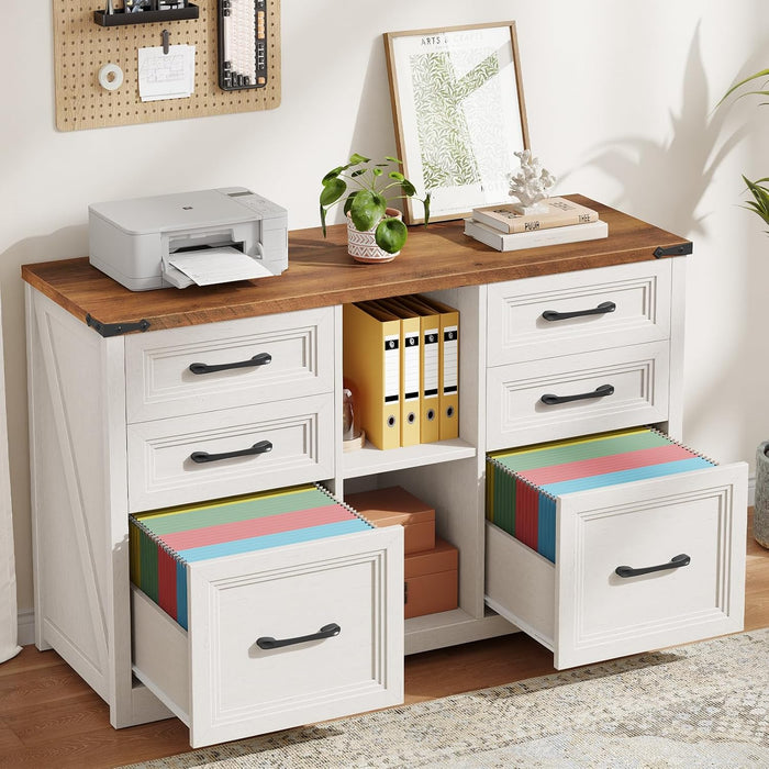Farmhouse Lateral File Cabinet with 6 Drawers, Rustic White