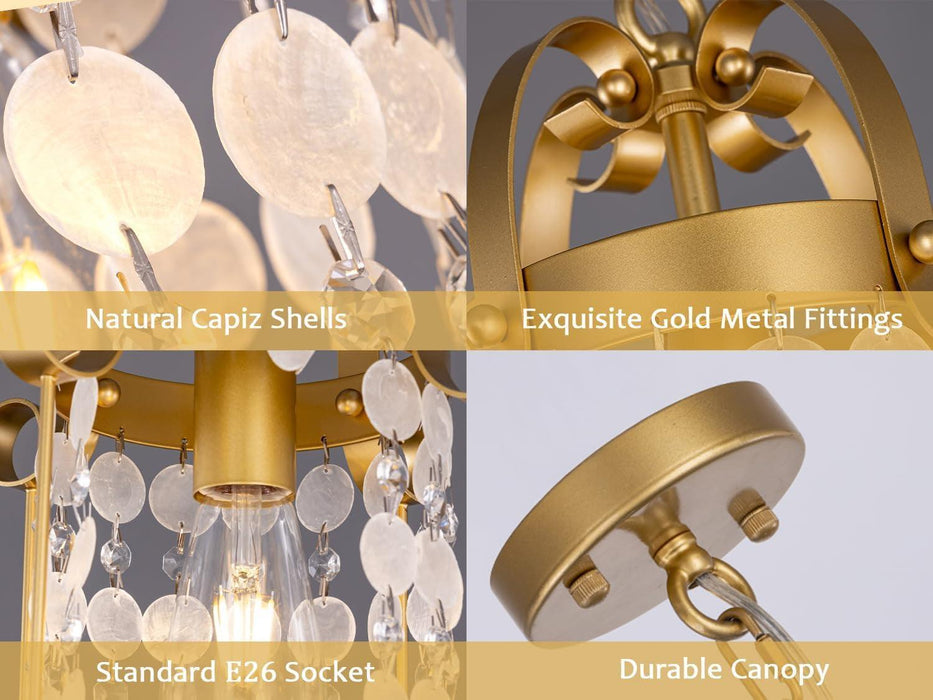 2 Pack Shell Pendant Lights, Modern Gold Capiz Shell Light Fixture Coastal Chandelier for Dining Room Nature Seashell Pendant Lighting for Kitchen Island Bedroom Foyer Entryway, 16"H X 10"Dia
