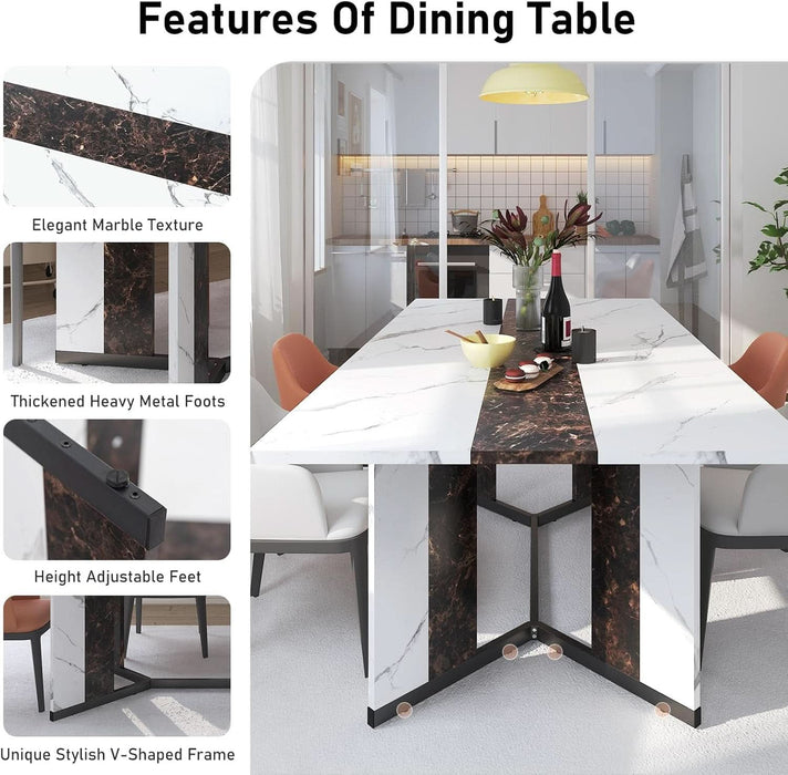 71In Large Rectangular White Dining Table for 4 5 6 7 People W/35In Marble-Color Wood Watrproof Tabletop,Adjustable Leg.6Ft Luxurious Family Dinner Table for Home Kitchen Living Room