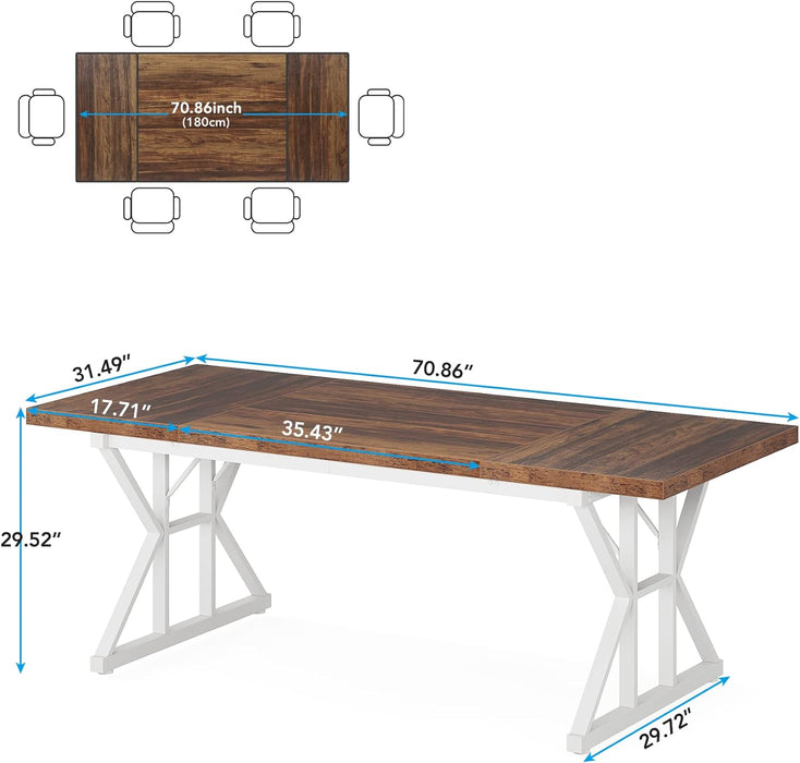 Farmhouse Dining Table for 6 People, 70.8-Inch Rectangular Wood Dining Table, Rustic Kitchen Table with Heavy Duty Metal Legs for Dining Room (Brown/White)
