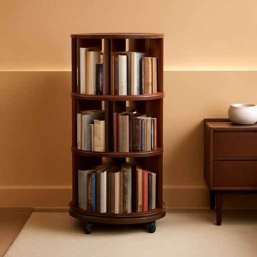 3-Tier 360° Rotating Rubber Wood Bookshelf with Wheels, Spinning Book Shelf | round Wooden Revolving Bookcase for Bedroom Small Space Home Office, Walnut