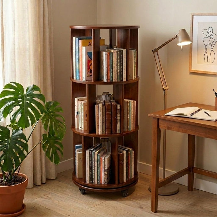 3-Tier 360° Rotating Rubber Wood Bookshelf with Wheels, Spinning Book Shelf | round Wooden Revolving Bookcase for Bedroom Small Space Home Office, Walnut