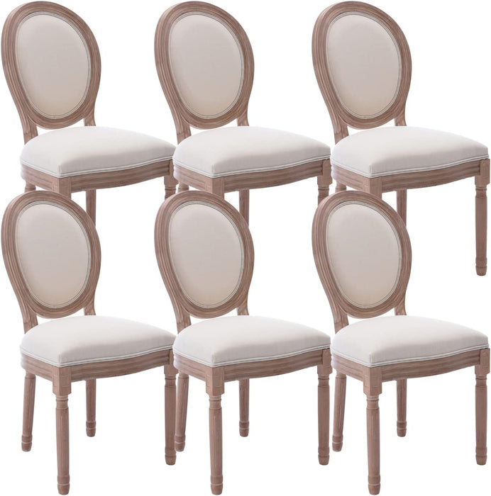 French Country Dining Chairs Set of 6, Farmhouse Dining Chairs with round Backrest, Mid Century Upholstered Dining Chairs with Solid Wood Leg for Dining Room Bedroom Kitchen Restaurant (Beige)